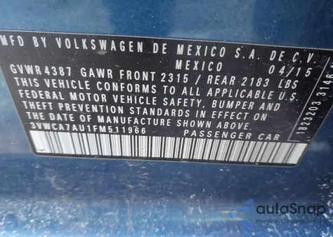 2015 Volkswagen Golf Sportwagen Tdi Sel 4-Door z USA, uszkodzony, nr VIN 3VWCA7AU1FM511966